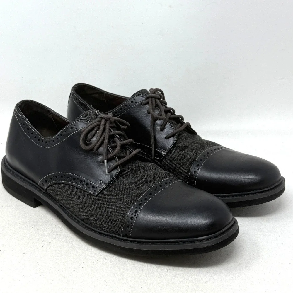 Bass Mens Howie Shoes 11 Black Leather Herringbone Wingtip‎ Oxford Preppy READ